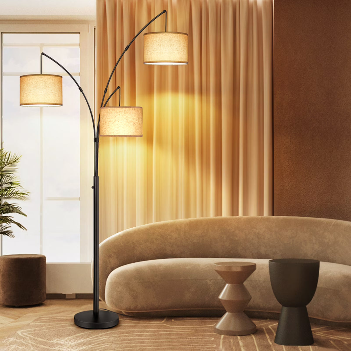 Black Arc Floor Lamp with Linen Lamp Shade A5475