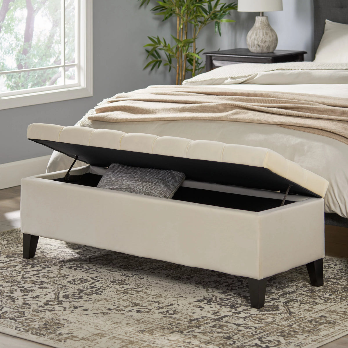 Ivory and Dark Brown Velvet Storage Ottoman Bench V925257