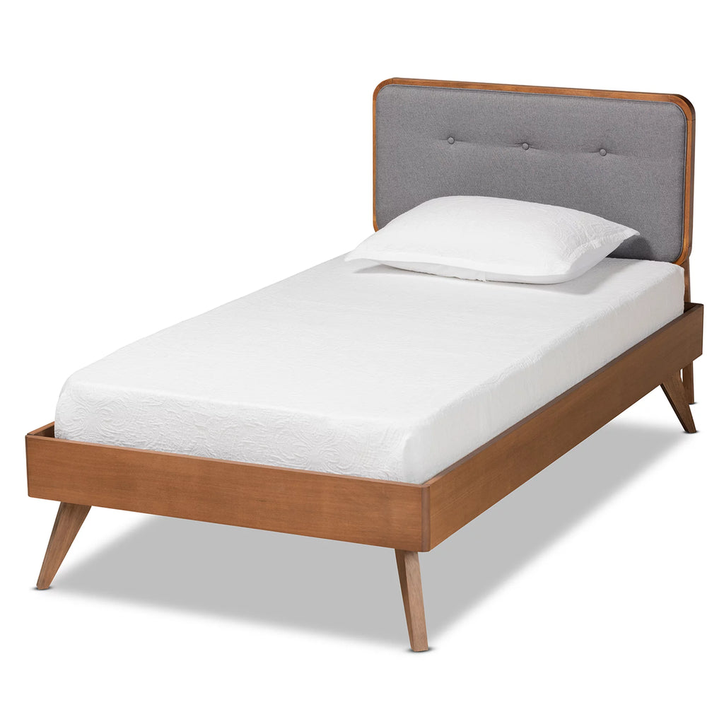 Twin Dark Grey Walnut Brown Upholstered Tufted Platform Bed X950