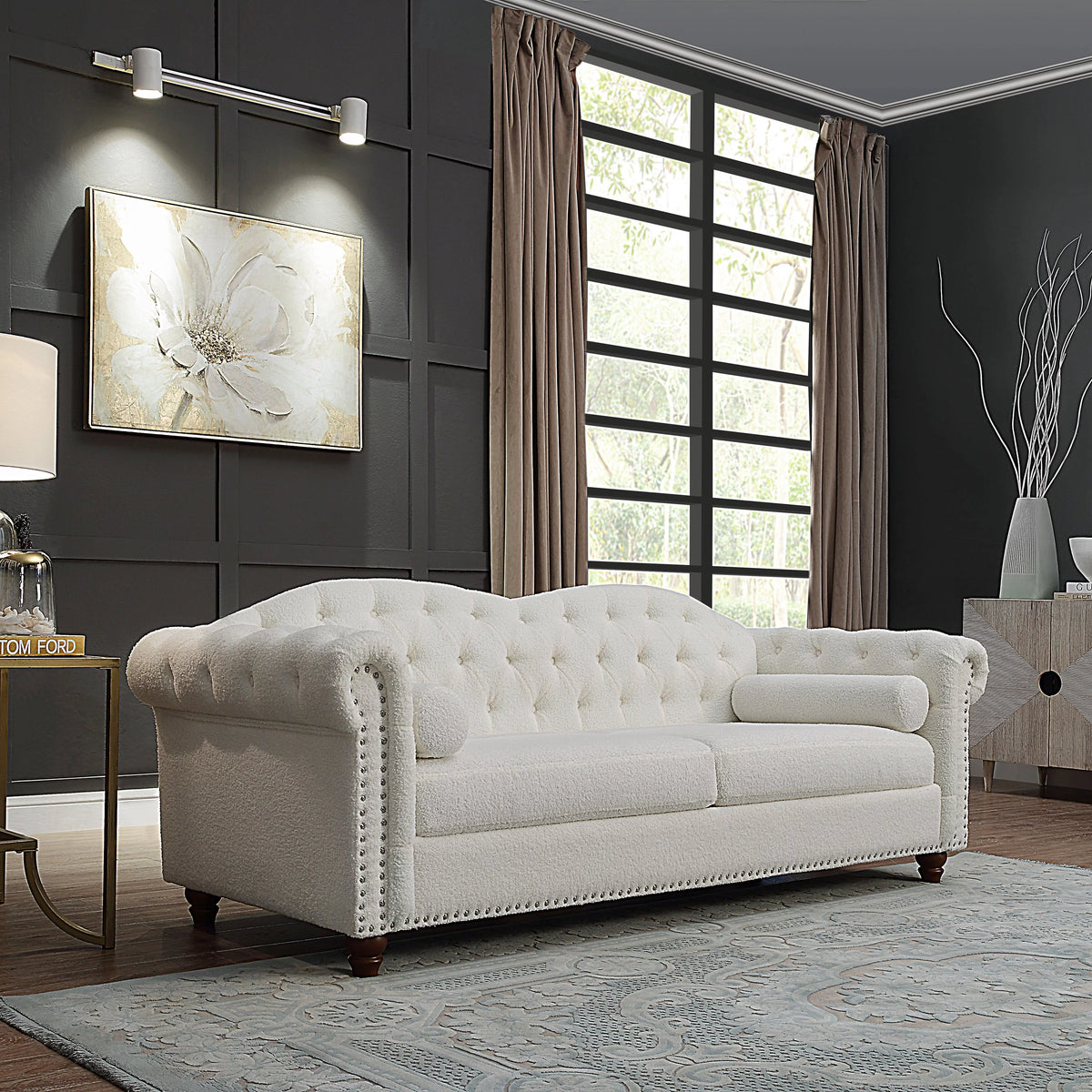 Teddy Velvet Button Tufted Sofa with Nailhead Arms and Rubber Wood Legs J451437