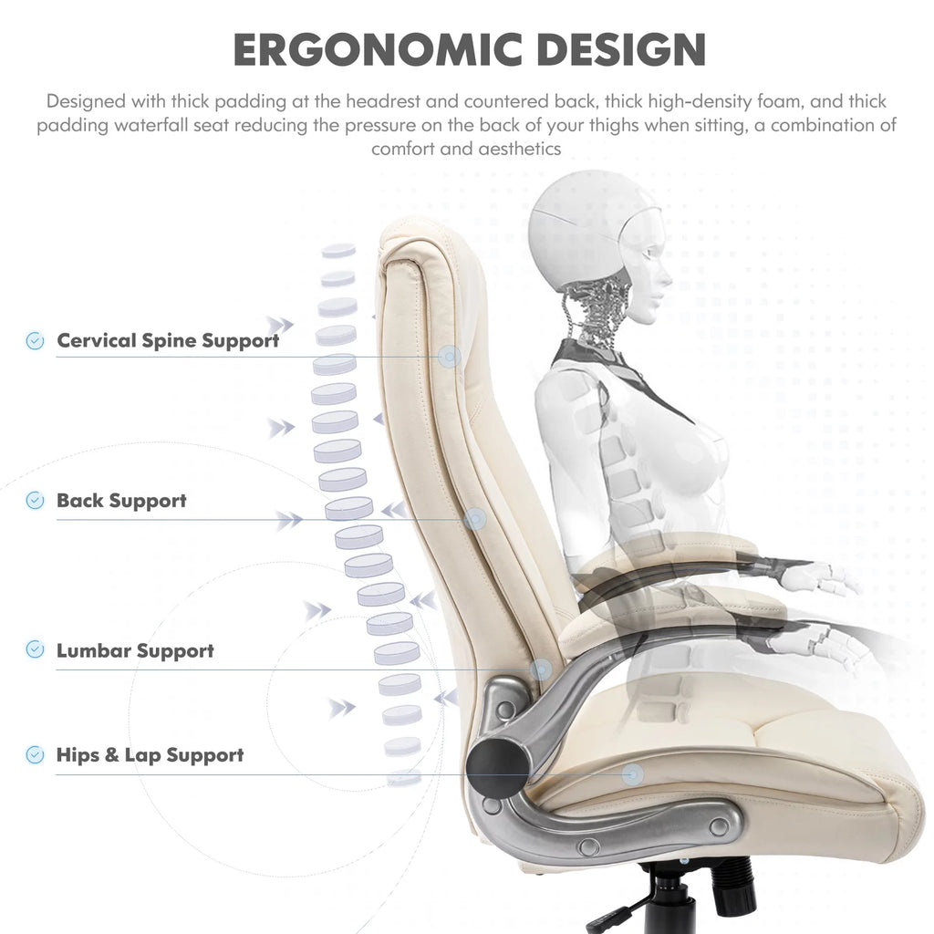High Back Leather Executive White Office Desk Chair with Flip-up Arms K445