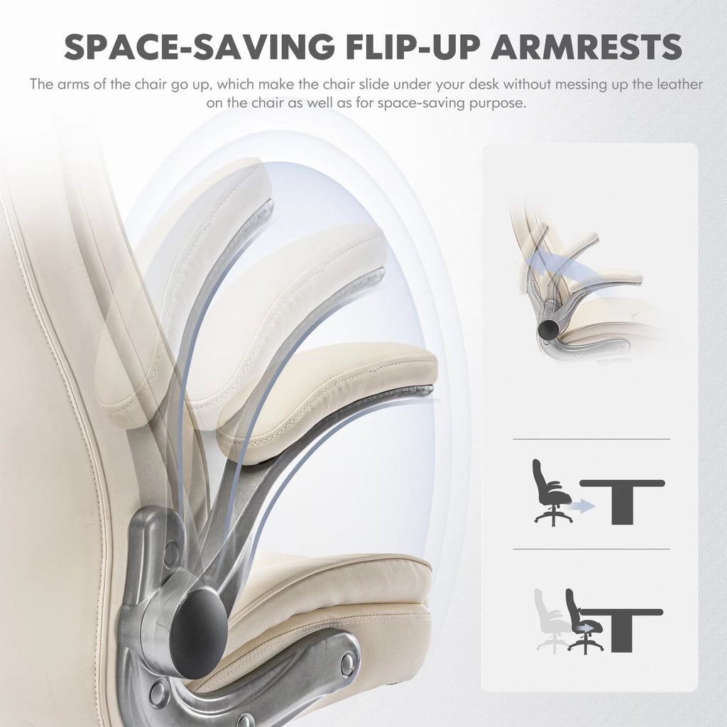 High Back Leather Executive White Office Desk Chair with Flip-up Arms K445
