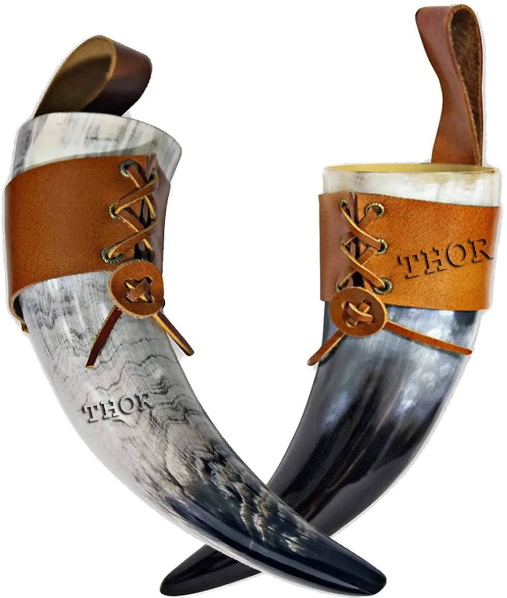 Viking Drinking Horn Mug Cup with Brown Leather Holster Q7012