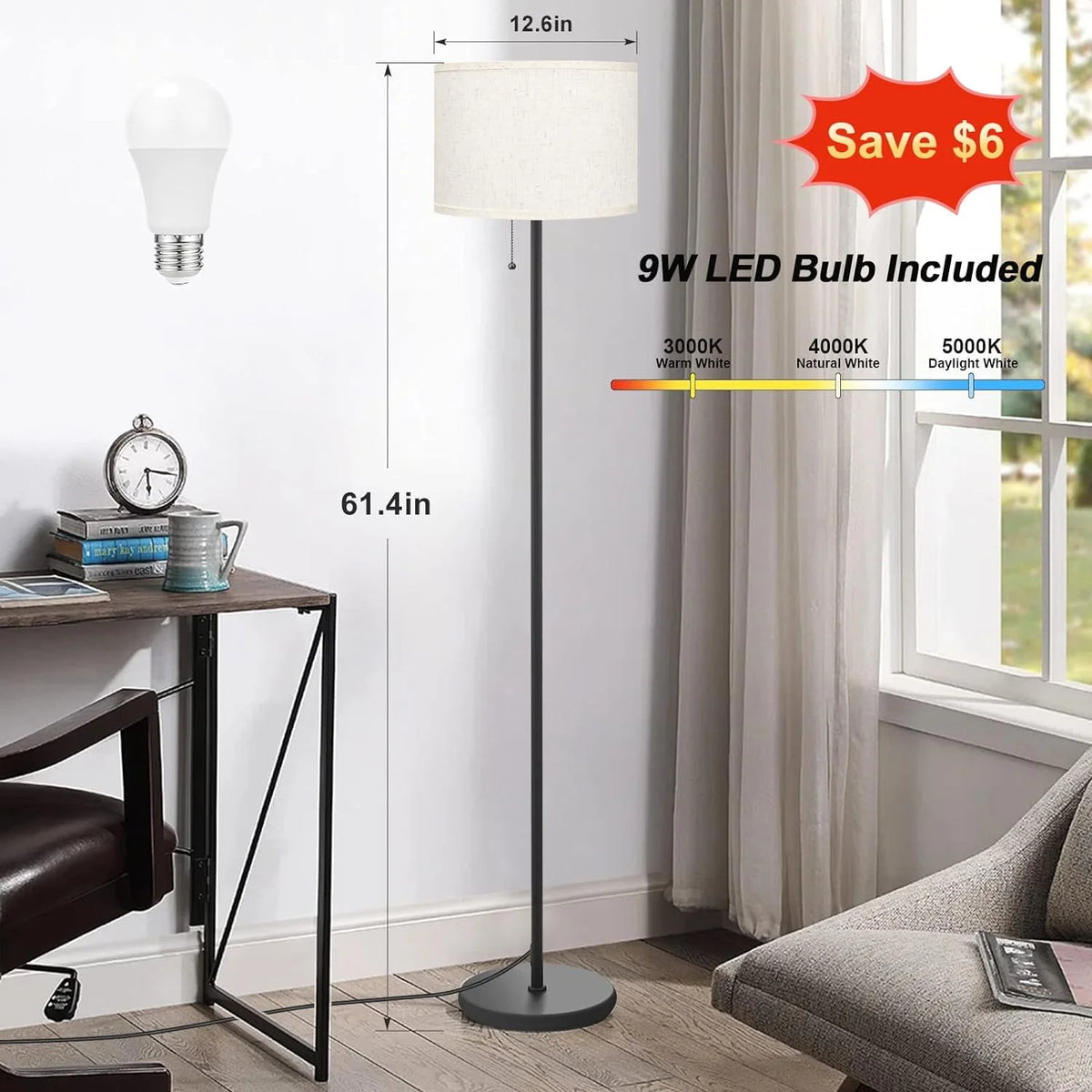 Tall Modern Floor Lamp with Linen Shade F76605