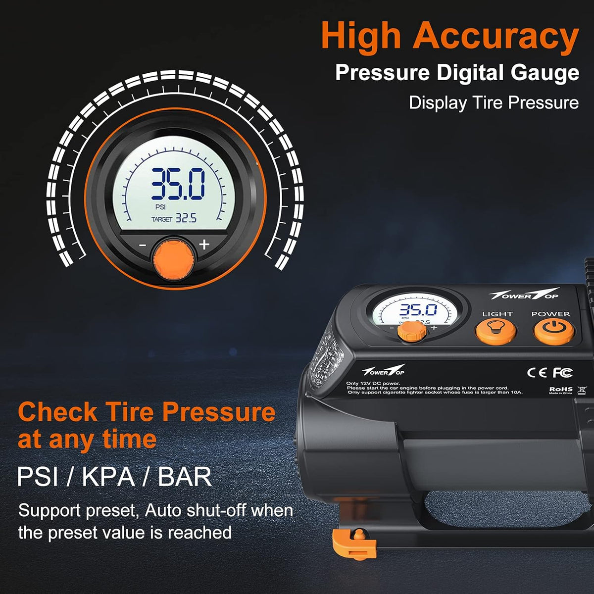 Portable 12V DC Air Compressor Tire Inflator 100PSI with Digital Pressure Gauge O1222