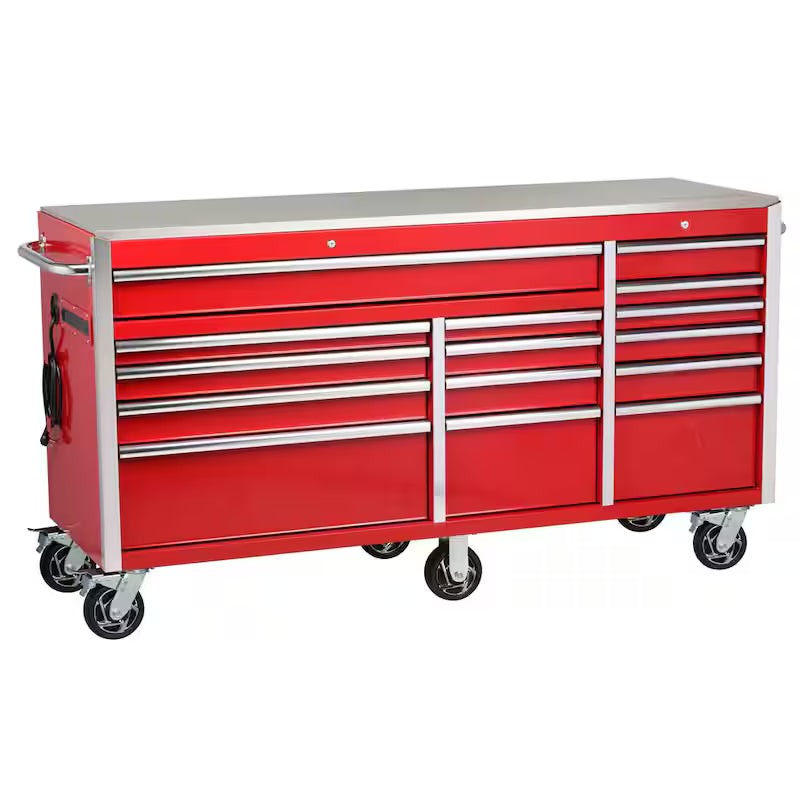 Heavy Duty 15-Drawer Mobile Workbench Cabinet with Stainless Steel Top in Gloss Red J664223