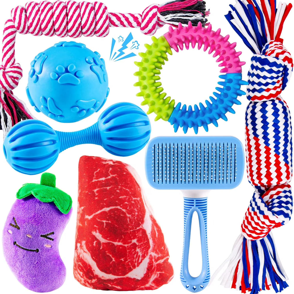 Puppy Teething Chew Toys Pack with Stuffed Squeaky Toys, Dog Ball, Ring Toy, Rope Toy G5347