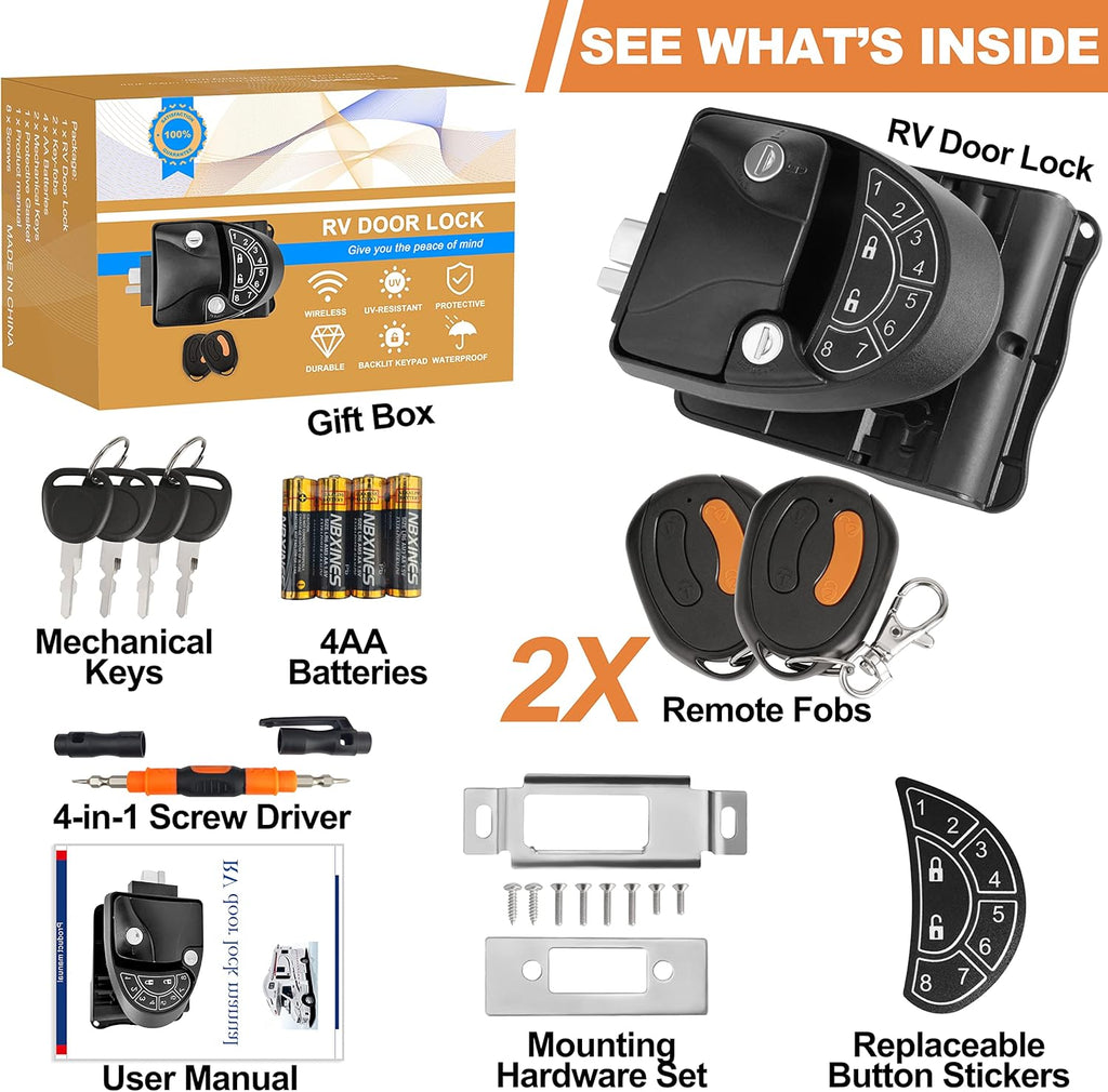 Black Zinc Alloy RV Door Lock with Backlit Keypad, 2 Remote Fobs, 4 Keys, Deadbolt C3950