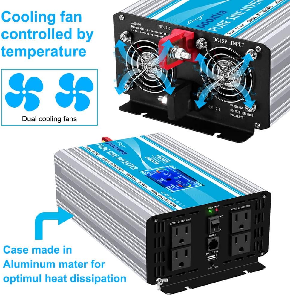 1500 Watt Pure Sine Wave Power Inverter 12V DC to 110V AC with LCD Display USB Port 4 AC Outlets O800