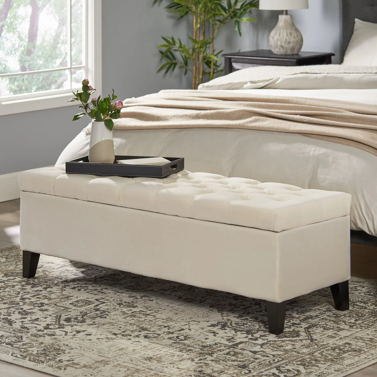 Ivory and Dark Brown Velvet Storage Ottoman Bench V925257