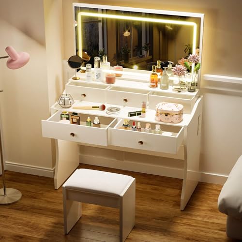 Pure White Vanity Desk and Chair Set with 5 Drawers E3327
