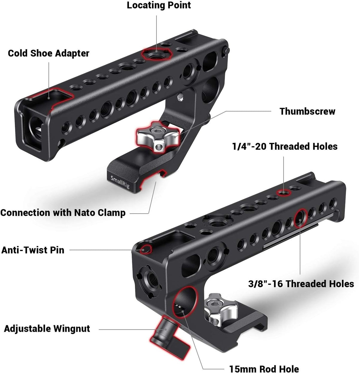 Top Handle Grip with NATO Rail Standard, Cold Shoe Mounts, 15mm Rod Clamp R15697