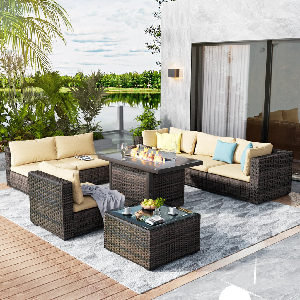 8 Pieces All Weather Wicker Sectional Sofa Set with Black-Glass Table B987