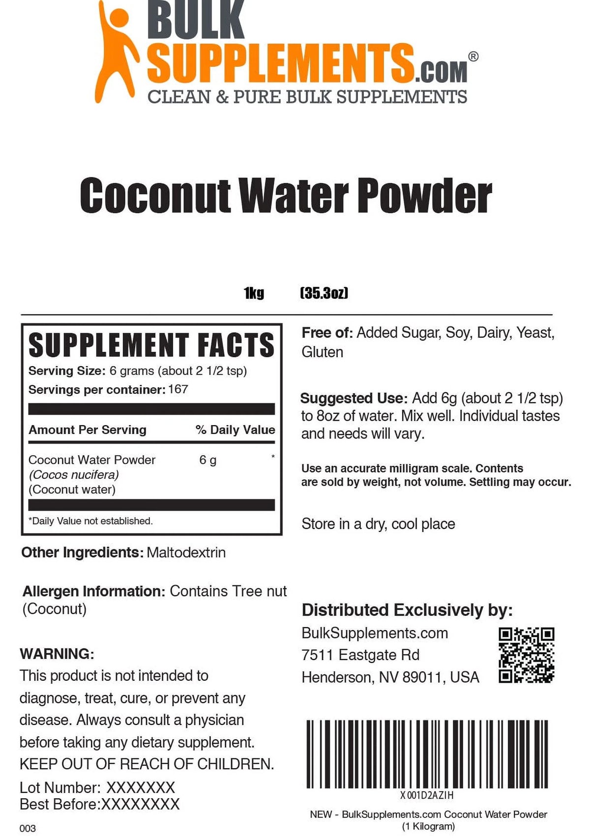 Coconut Powder Electrolyte Supplement Drink Mix (1 Kilogram - 2.2 lbs) U649