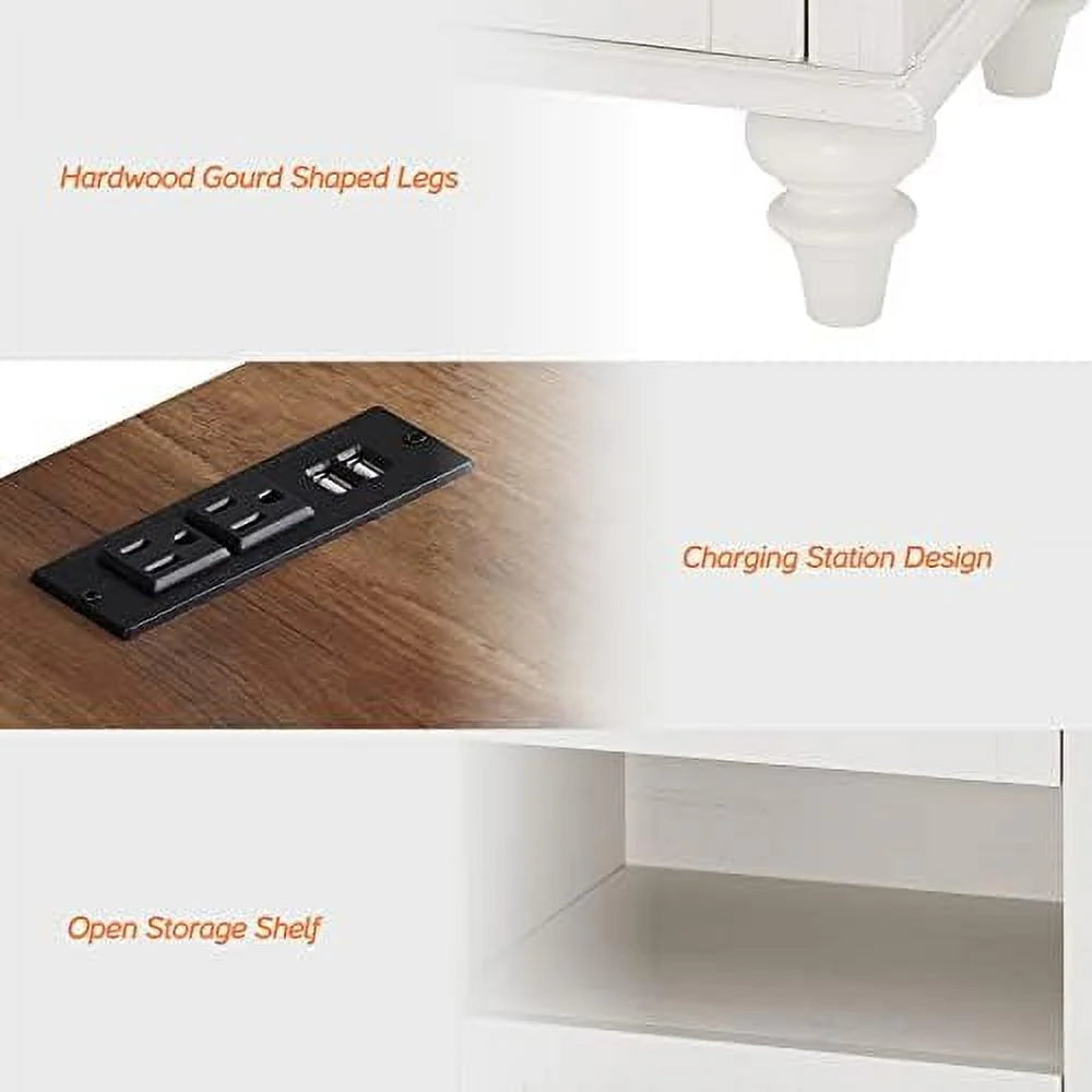 Antique White Nightstand with Charging Station and 2 Drawers C26234