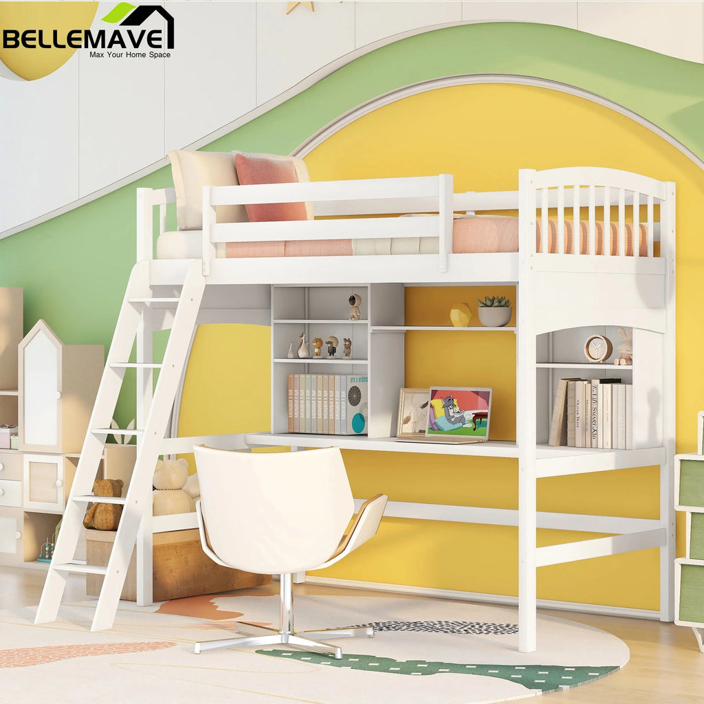Twin Size High Loft Bed with Storage Shelves, Desk and Ladder Solid Wood Bed Frame with Safety Guardrails White M345