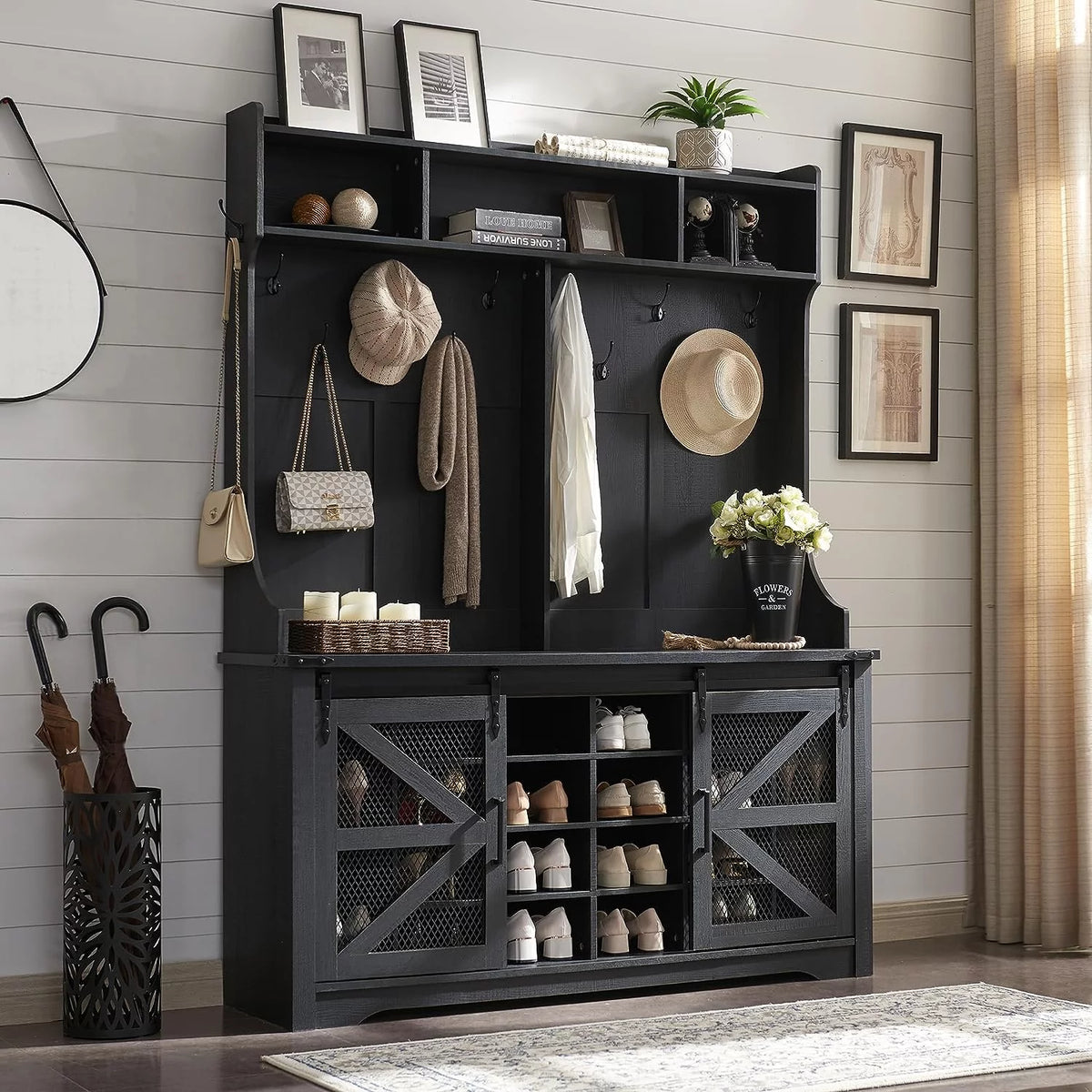 77" High Entryway Bench with Sliding Barn Door and 20 Shoe Cubbies V286648
