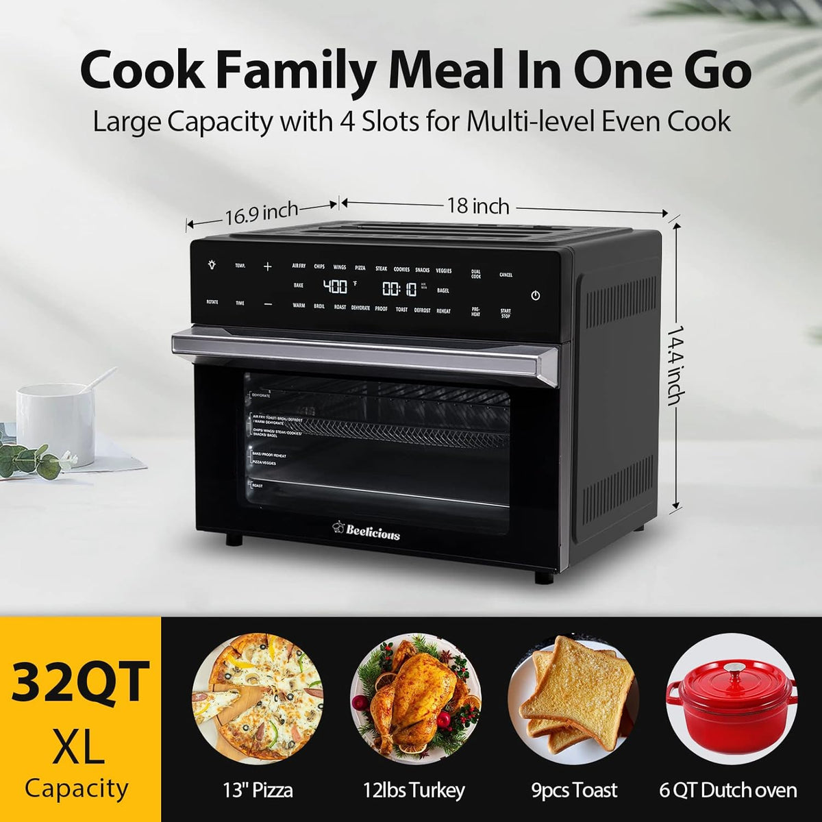 32QT 19-In-1 Air Fryer Toaster Oven Combo with Rotisserie and Dehydrator, Black X2103