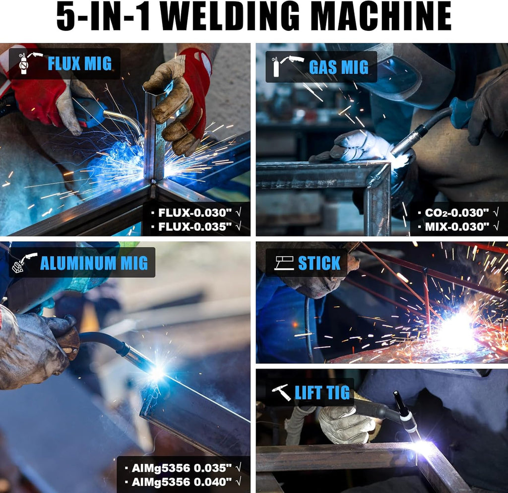 Aluminum MIG Welder 165Amp Dual Voltage 110V/220V 5-in-1 Welder Machine Gasless MIG/Gas MAG/Aluminum MIG/Stick/Lift TIG Welding Z206