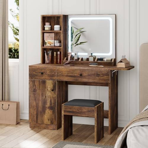 White Vanity Desk with Mirror and Lights, 2 Drawers O828642