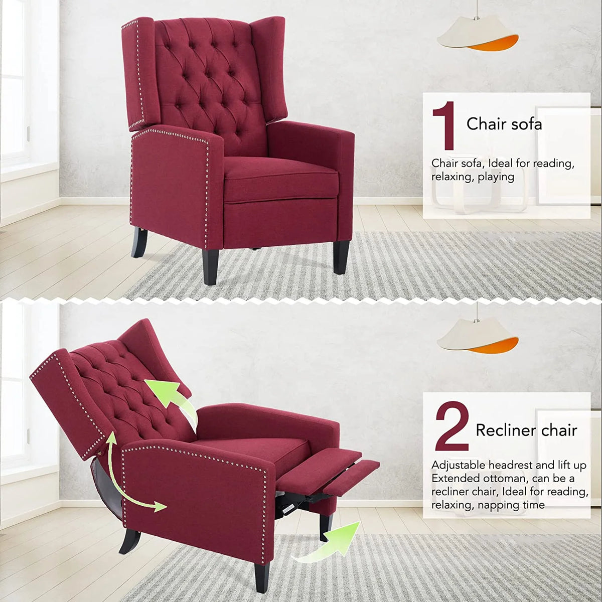 Blue Tufted Fabric Push Back Arm Recliner I947708