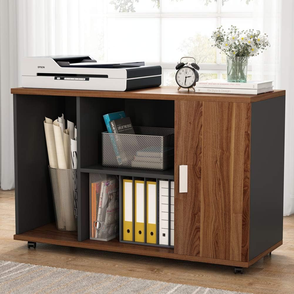 39 inches File Cabinet with Wheels and Doors, Dark Walnut F507917