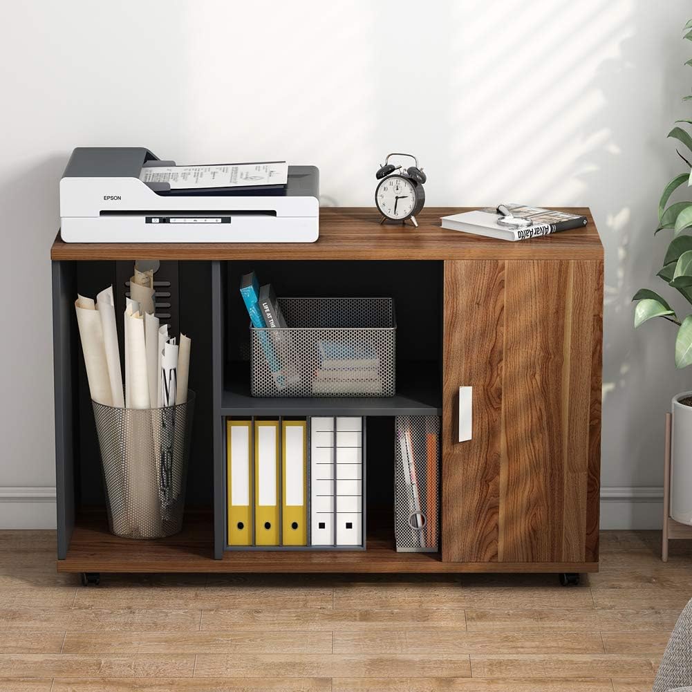 39 inches File Cabinet with Wheels and Doors, Dark Walnut F507917