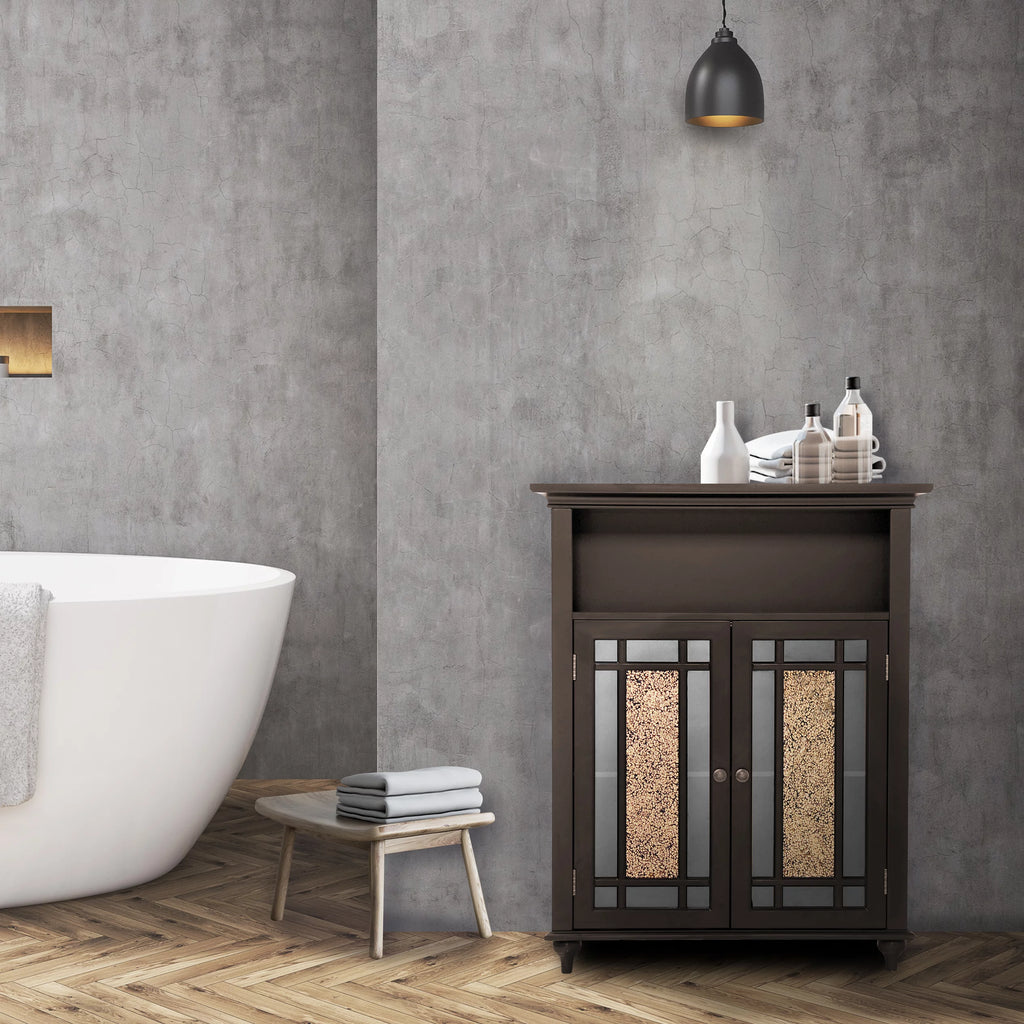 Wooden Bathroom Floor Cabinet with Glass Doors Y41824