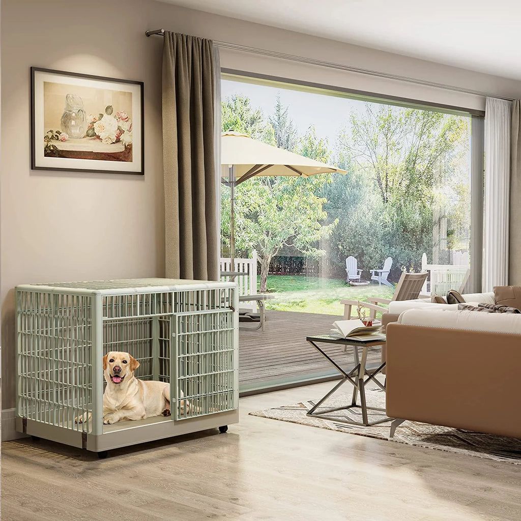 38" ABS Plastic Dog Crate Kennel Cage with Lockable Wheels and Double Door B17454