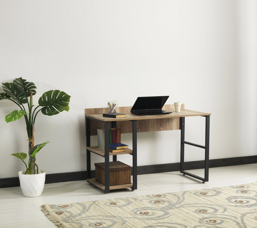 Black Metal Frame Wooden Top 2 Shelves Writing and Computer Desk M899671