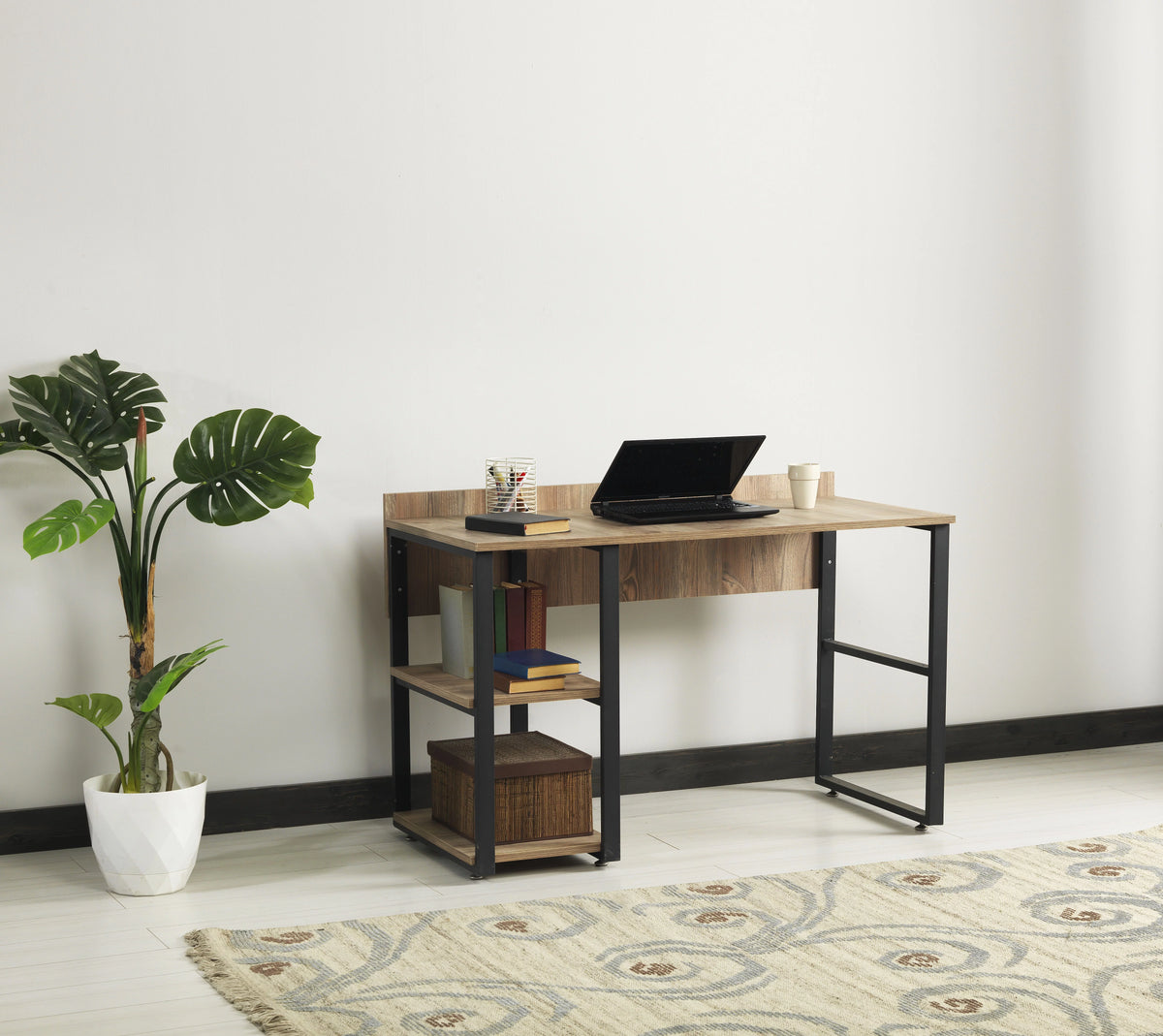 Black Metal Frame Wooden Top 2 Shelves Writing and Computer Desk M899671