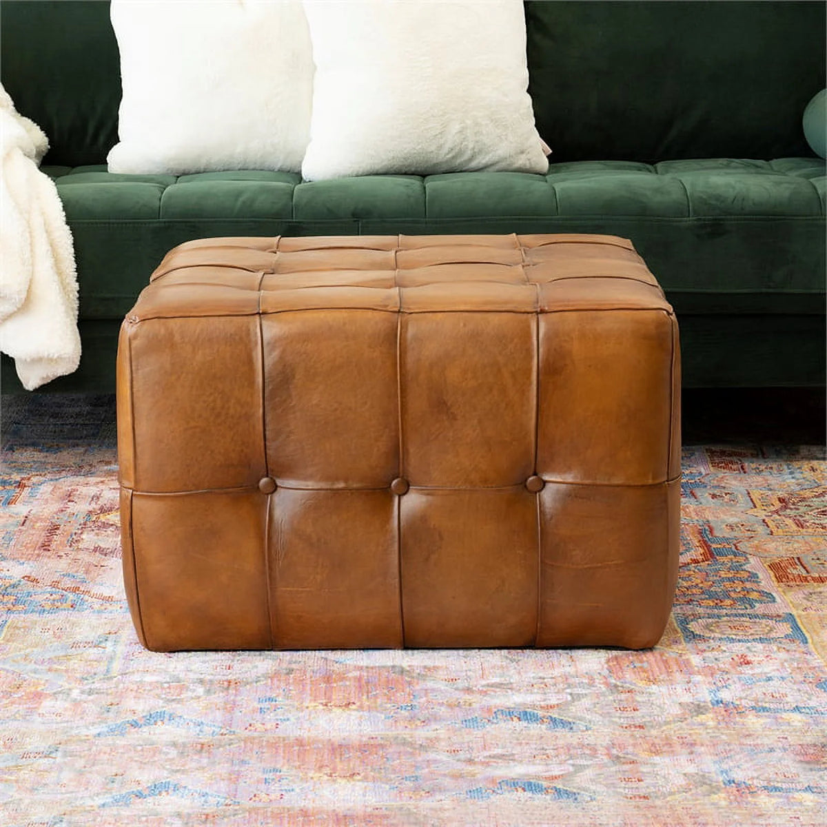 Tan Brown Leather Ottoman L592