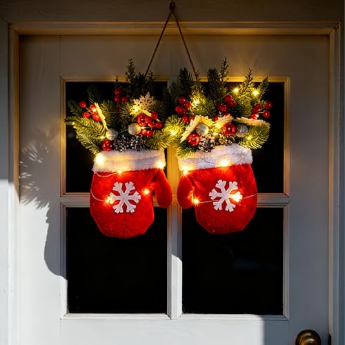 Christmas Mitten Wreath with 120 LED Lights and Timer H6041