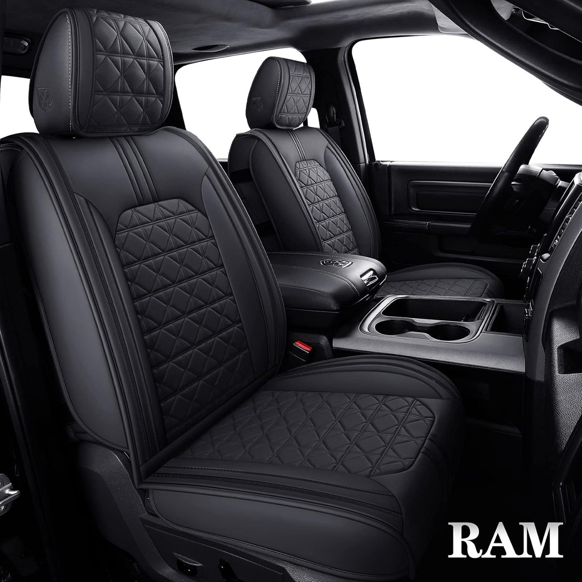 Black Faux Leather Front Seat Covers for Dodge RAM Pickup E756