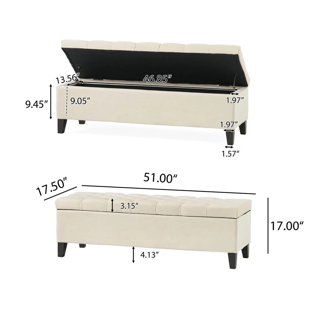 Ivory and Dark Brown Velvet Storage Ottoman Bench V925257