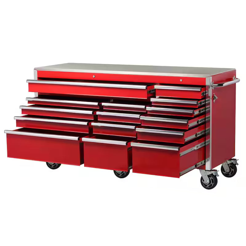 Heavy Duty 15-Drawer Mobile Workbench Cabinet with Stainless Steel Top in Gloss Red J664223