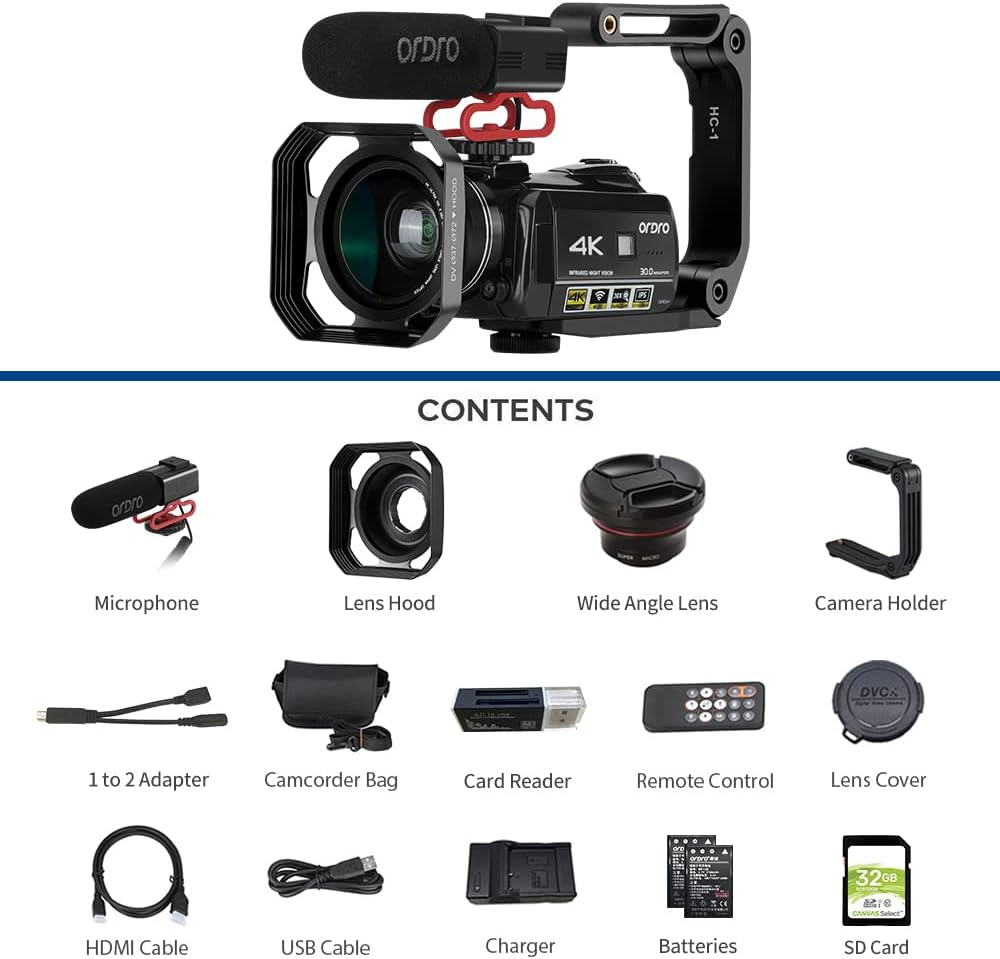 4K Camcorder with Compact Directional Microphone, 37mm Wide Angle Lens, Lens Hood, Foldable Handheld Stabilizer, 32GB SD Card P81099