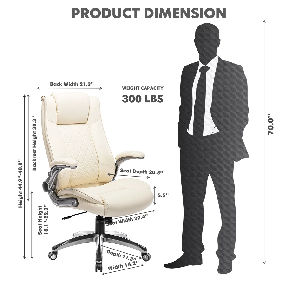 High Back Leather Executive White Office Desk Chair with Flip-up Arms K445