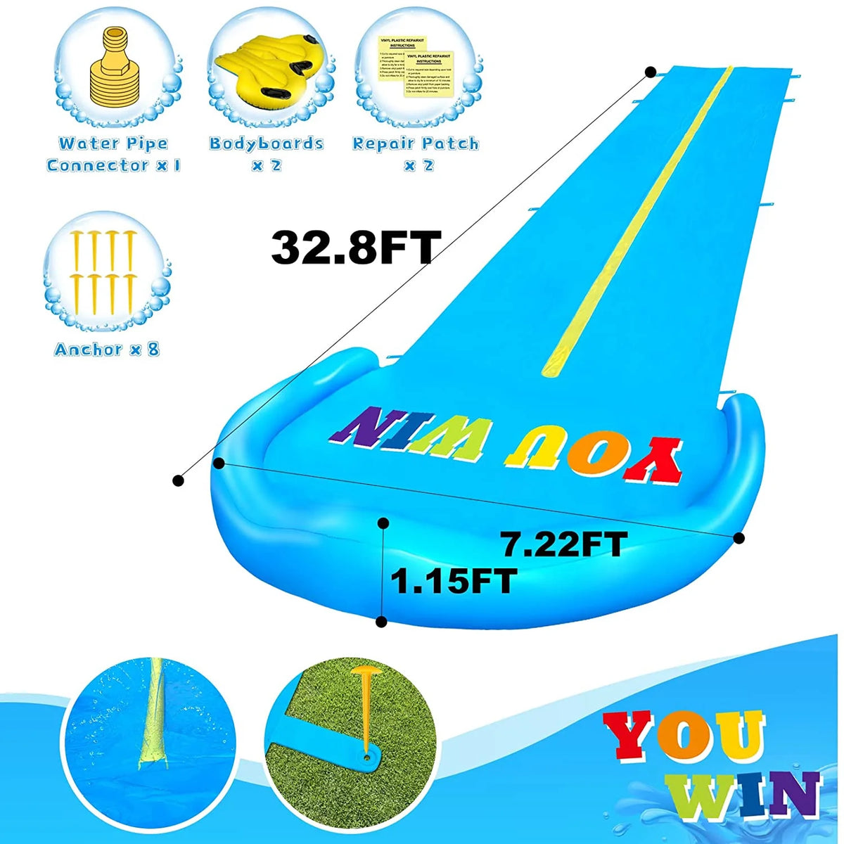 32.8FT Inflatable Water Slide with 2 Bodyboards & 2 Racing Lanes U567207