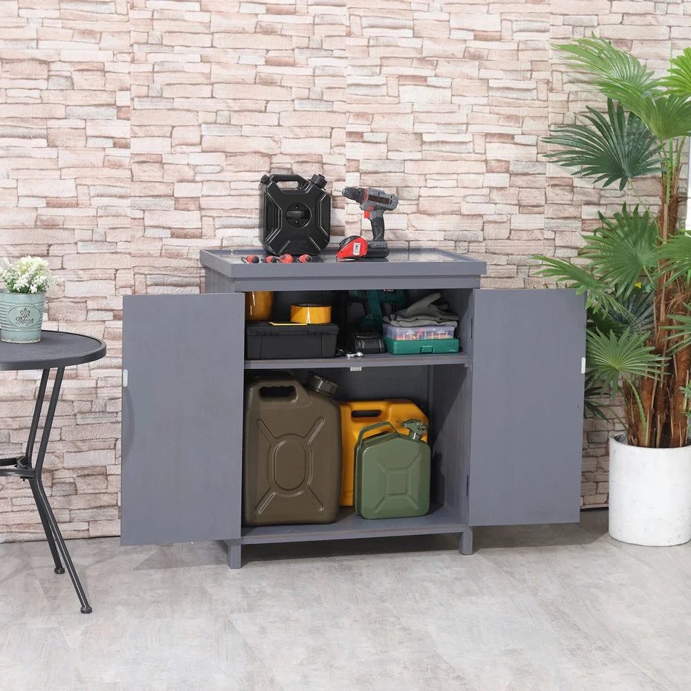 Grey Garden Storage Cabinet with Galvanized Top and Two Shelves U267519