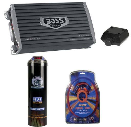 3000W Mono Car Amplifier with Remote, 3.0 Farad Capacitor, and Amp Kit Q85618