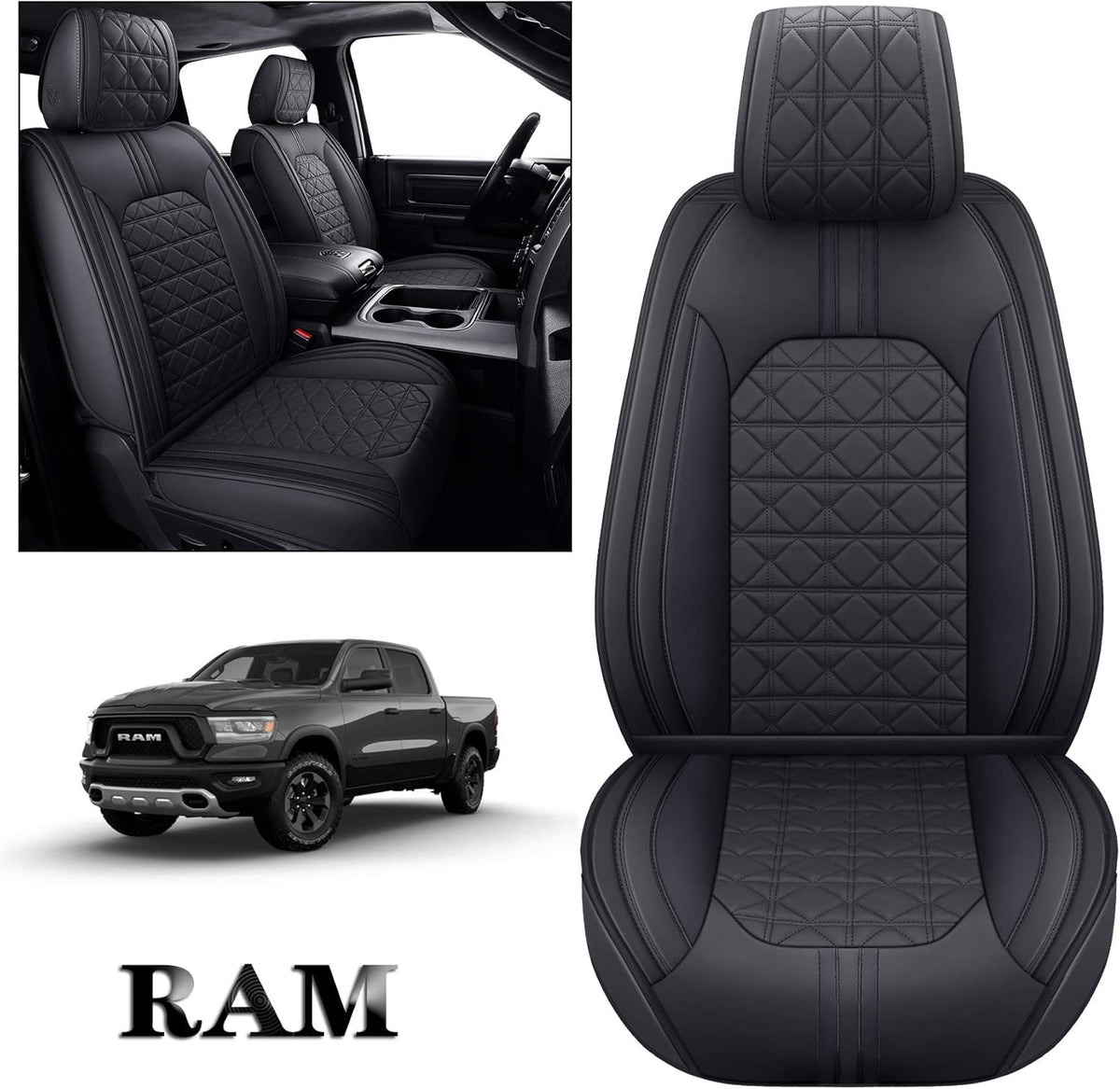 Black Faux Leather Front Seat Covers for Dodge RAM Pickup E756