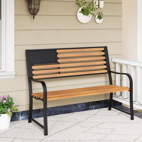 50” 2-Person Metal Patio Bench with Flag Pattern Backrest G546