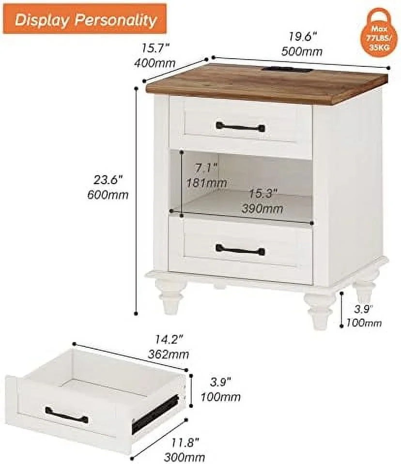 Antique White Nightstand with Charging Station and 2 Drawers C26234