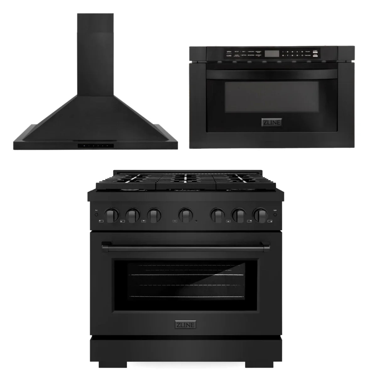36 in. Gas Range, Range Hood, Microwave Drawer Black Stainless Steel C4627