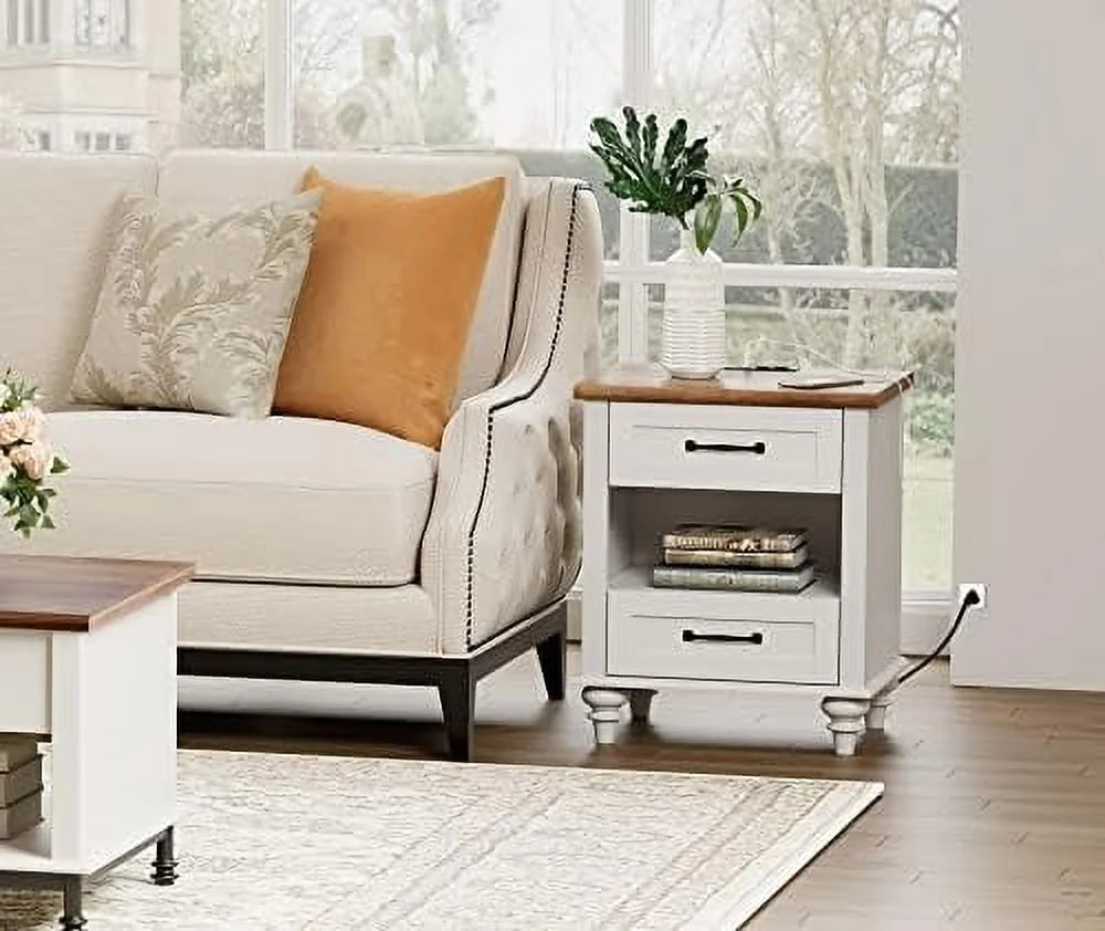 Antique White Nightstand with Charging Station and 2 Drawers C26234