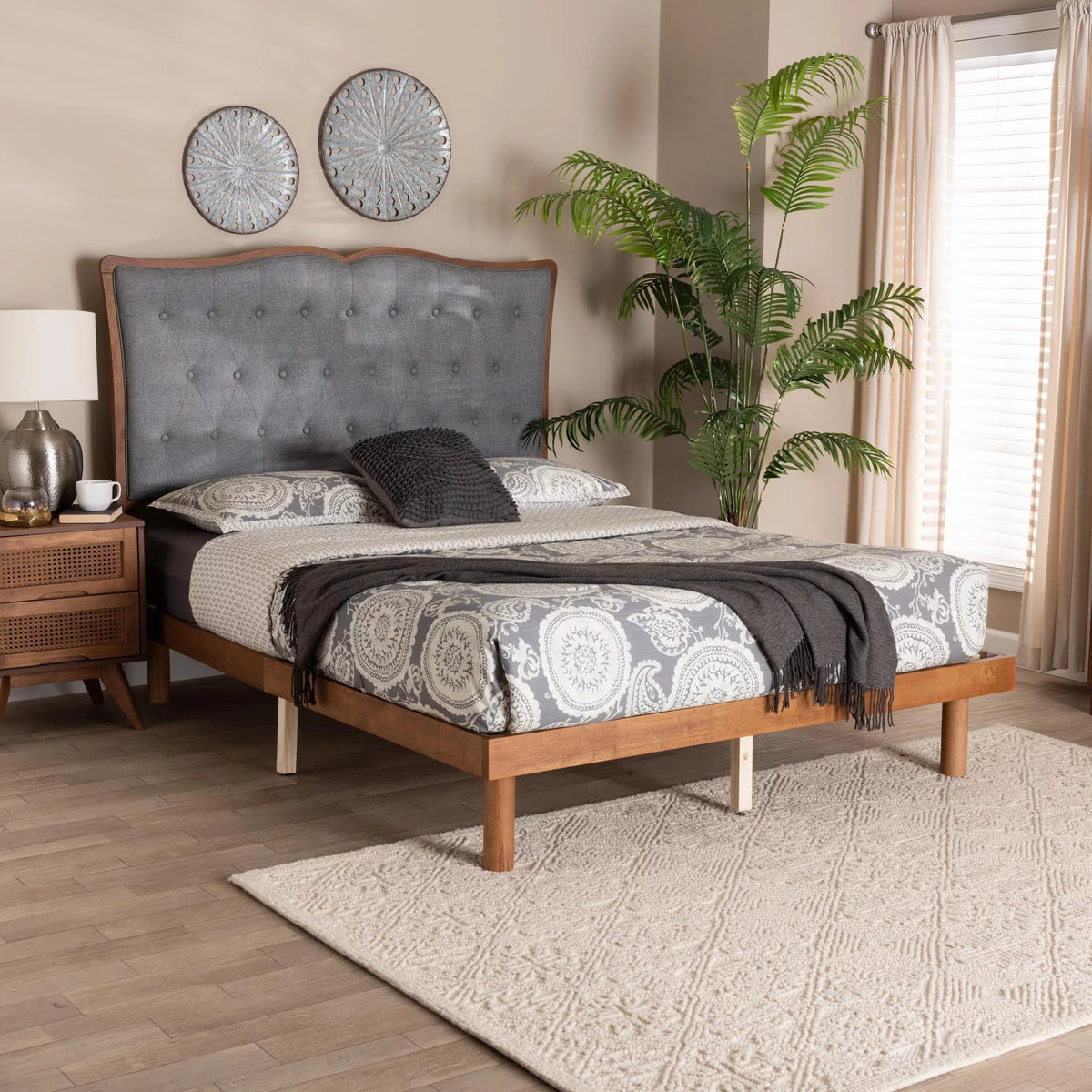 Grey Fabric Walnut Brown Wood King Size Platform Bed T5209