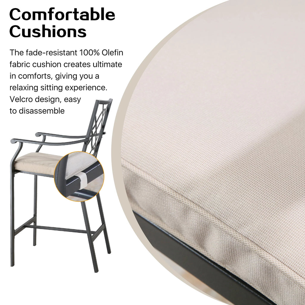 Metal Patio Counter Height Bar Stools with Beige Cushion, Set of 2 H8212