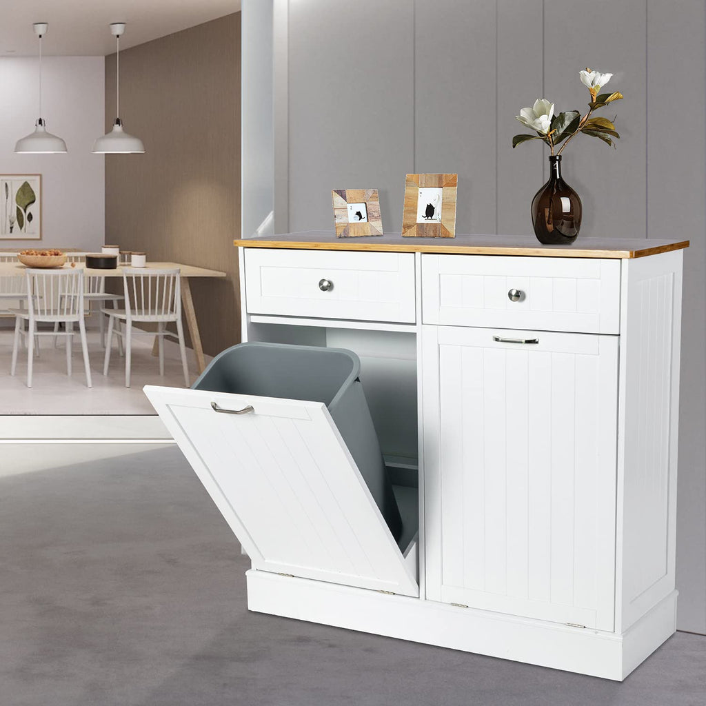 Dual White Double Kitchen Trash Cabinet with Two Wood Drawers Q114599