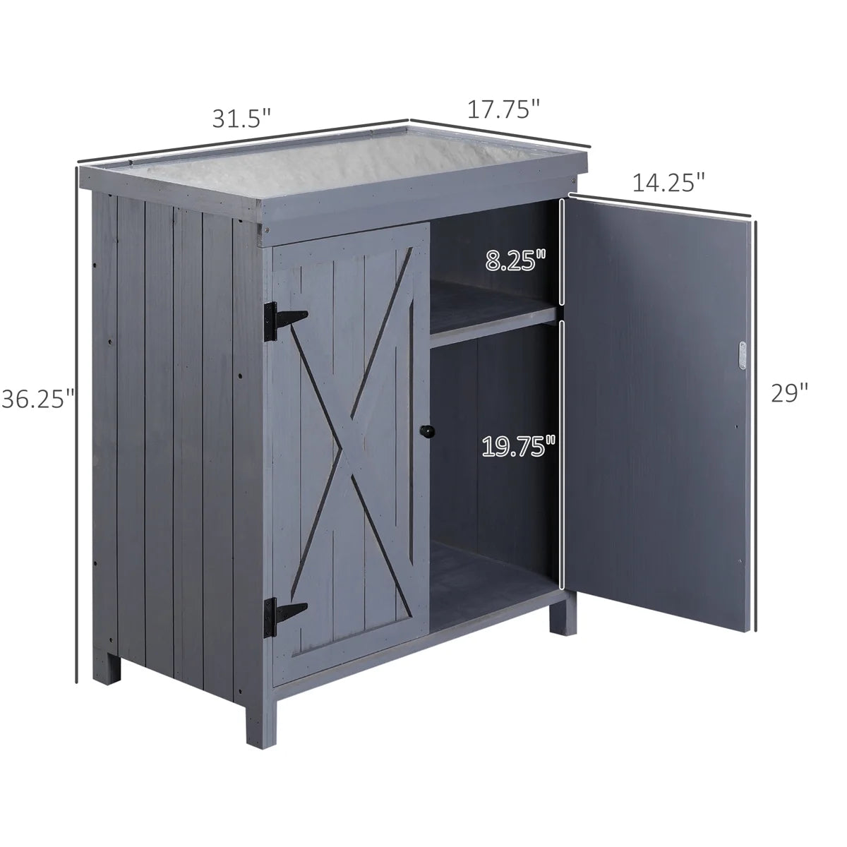 Grey Garden Storage Cabinet with Galvanized Top and Two Shelves U267519